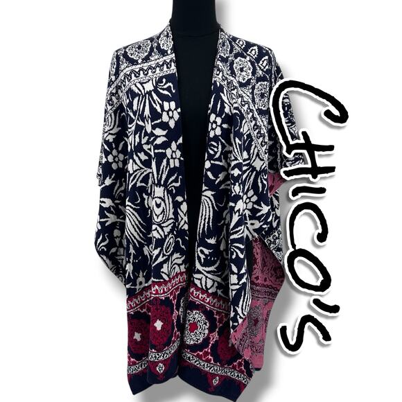 Chico's Sweaters - Chicos Silk Cotton Ruana Wrap OS Navy Red Floral Boho Poncho Cape Jacquard